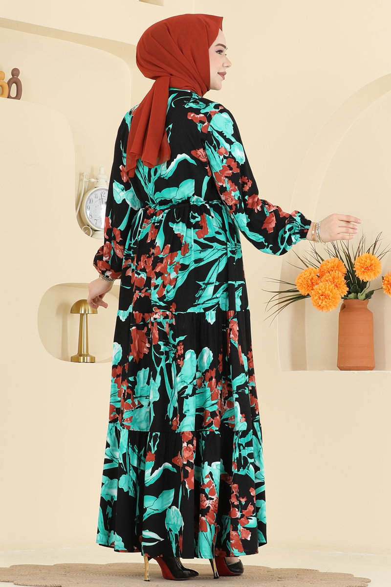 Floral Viscose Dress with Drawstring Waist - Turquoise-Black