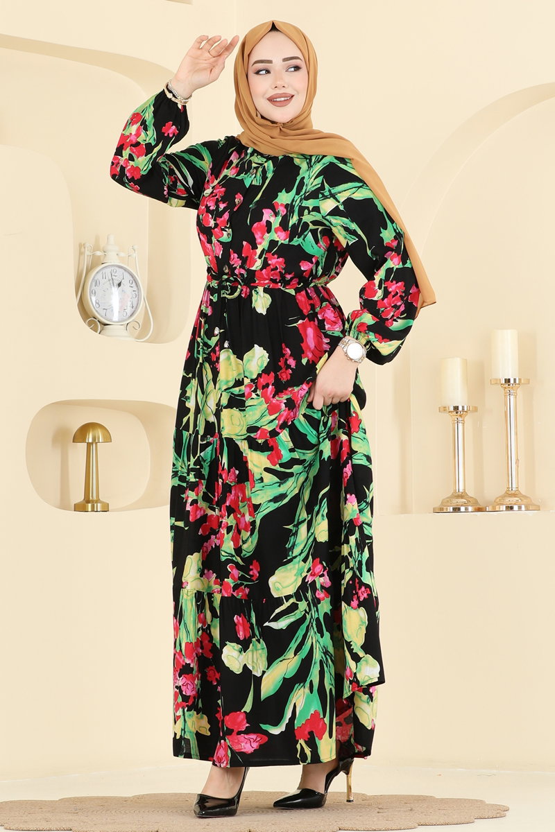 Floral Viscose Dress with Drawstring Waist - Green-Black
