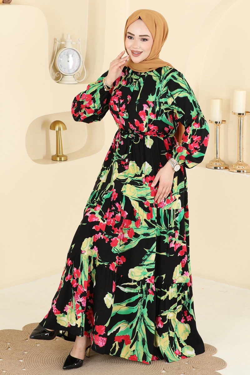 Floral Viscose Dress with Drawstring Waist - Green-Black