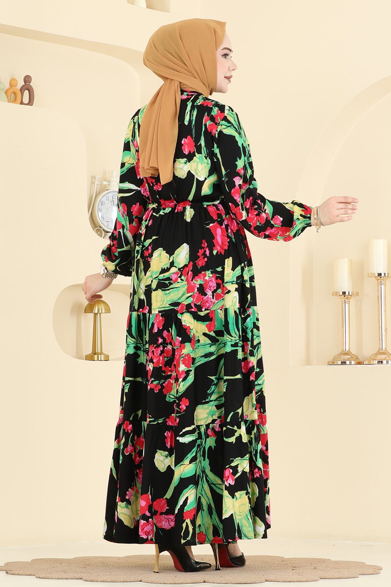 Floral Viscose Dress with Drawstring Waist - Green-Black