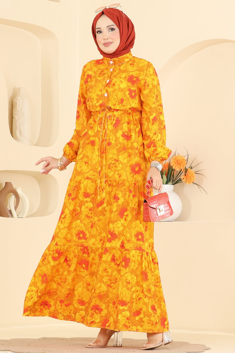 Viscose Button Dress with Drawstring Waist - Orange