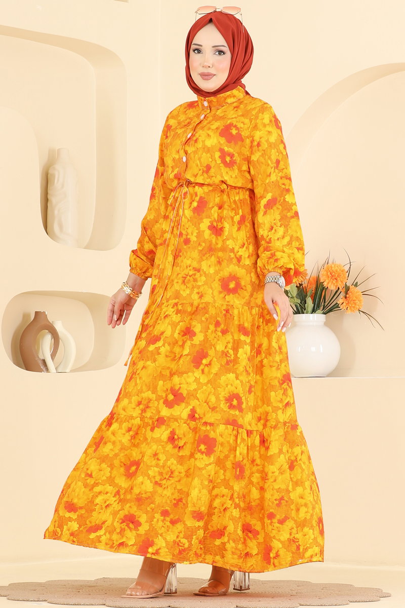 Viscose Button Dress with Drawstring Waist - Orange