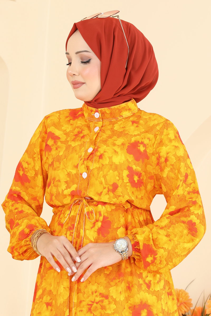 Viscose Button Dress with Drawstring Waist - Orange