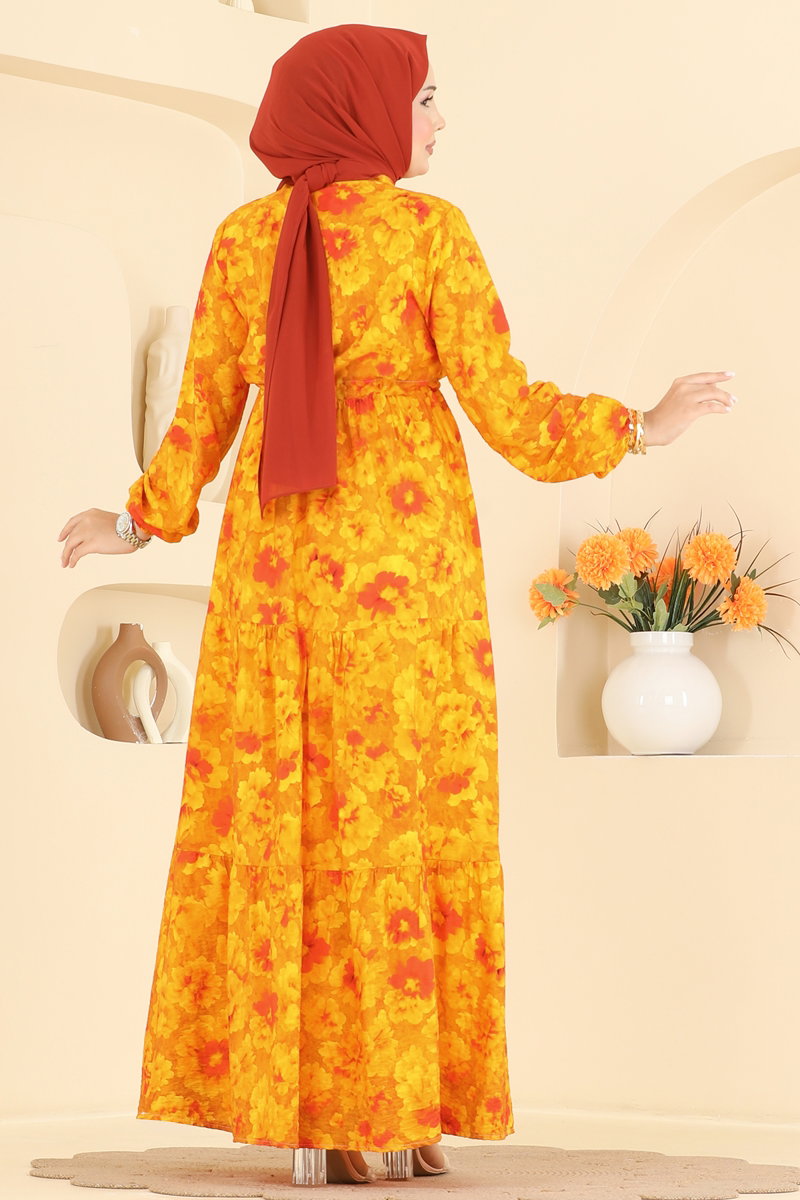 Viscose Button Dress with Drawstring Waist - Orange