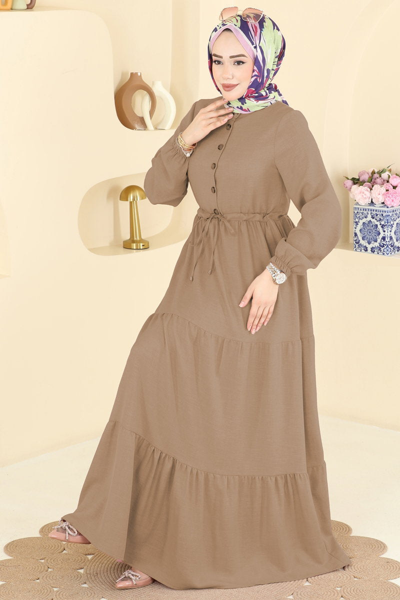 Linen Button Dress with Drawstring Waist - Light Mink