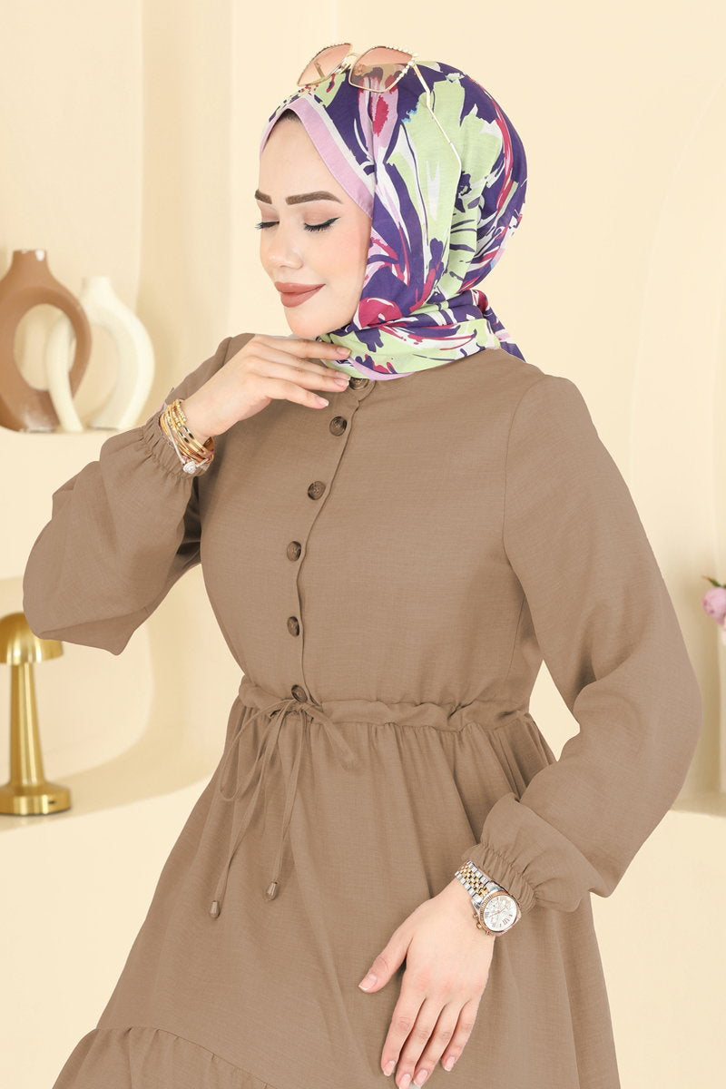 Linen Button Dress with Drawstring Waist - Light Mink