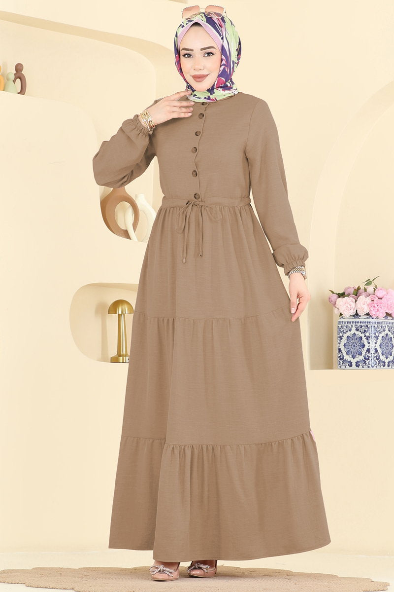 Linen Button Dress with Drawstring Waist - Light Mink