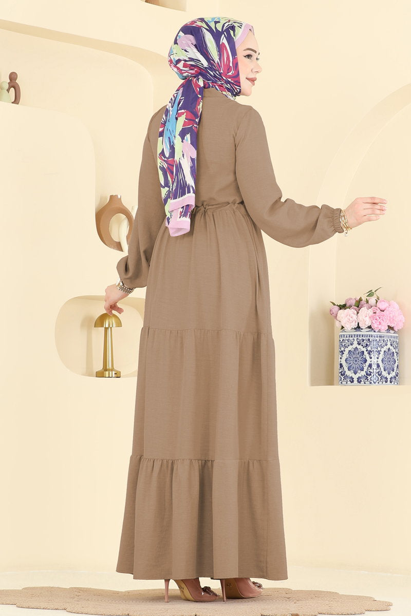 Linen Button Dress with Drawstring Waist - Light Mink