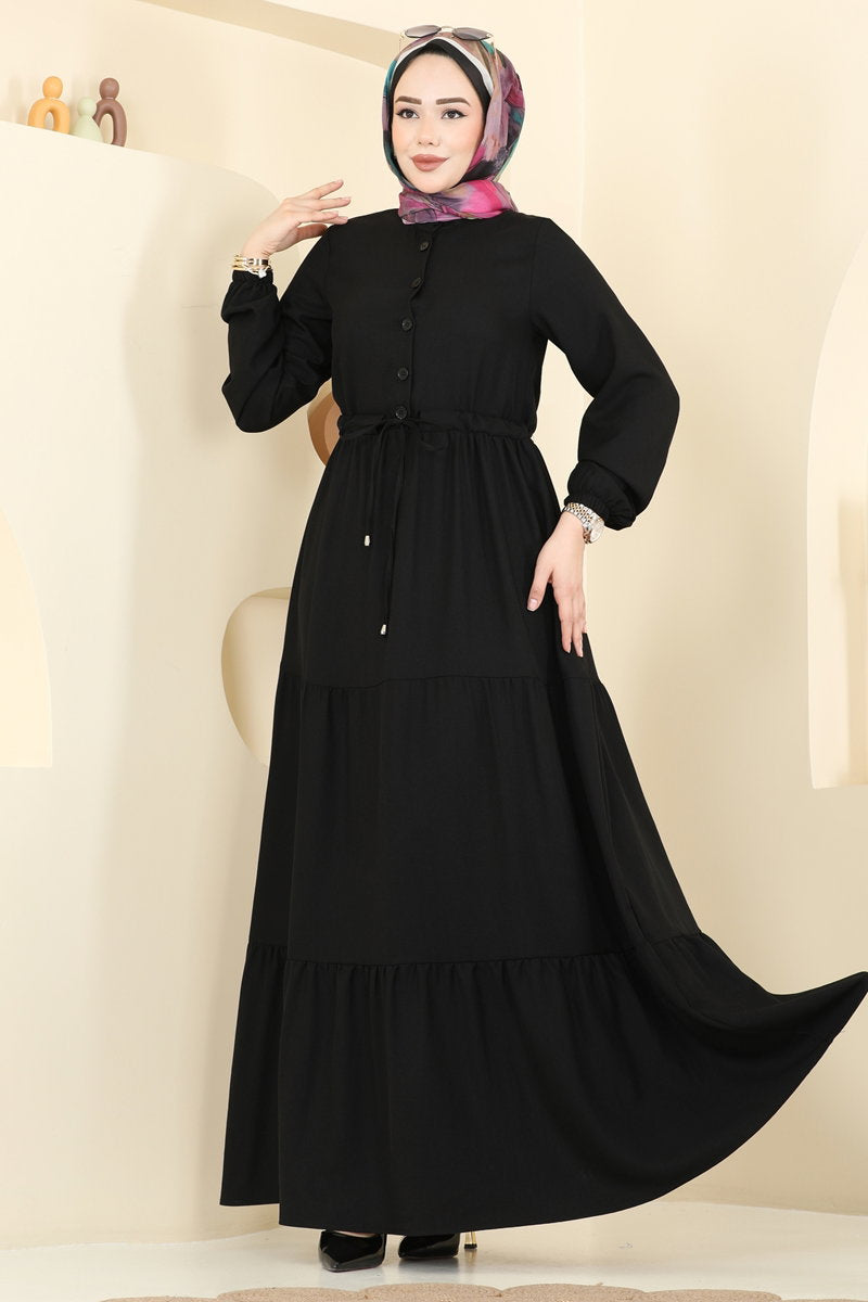 Linen Button Dress with Drawstring Waist - Black