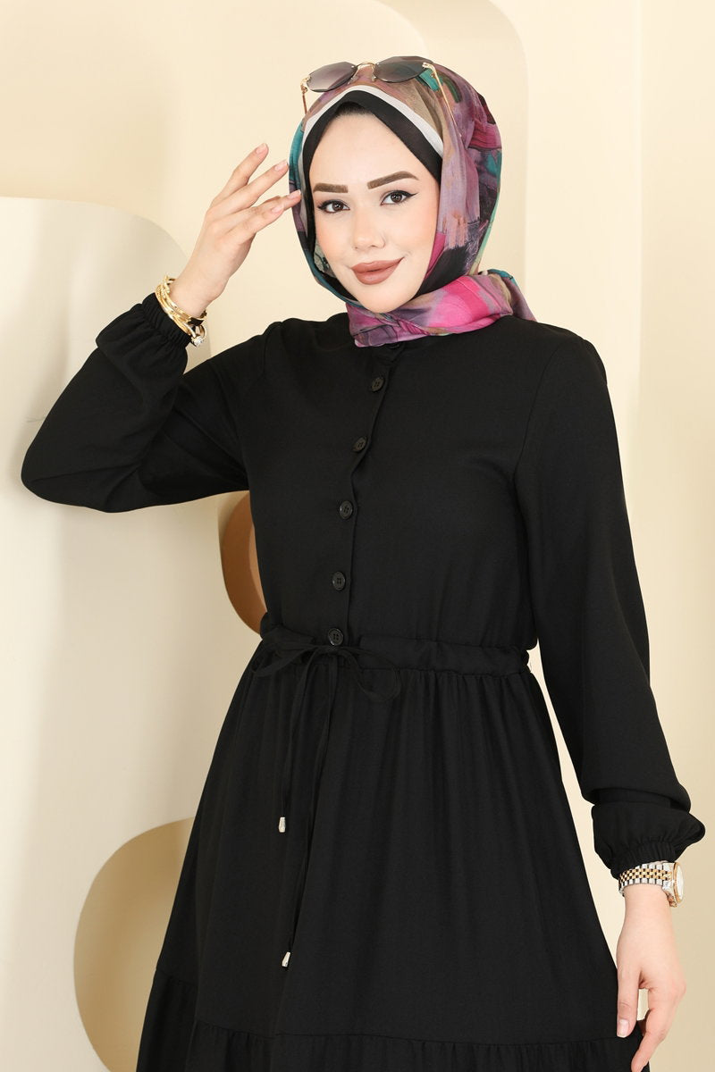Linen Button Dress with Drawstring Waist - Black