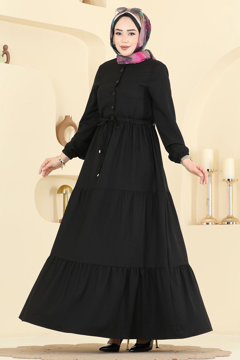 Linen Button Dress with Drawstring Waist - Black
