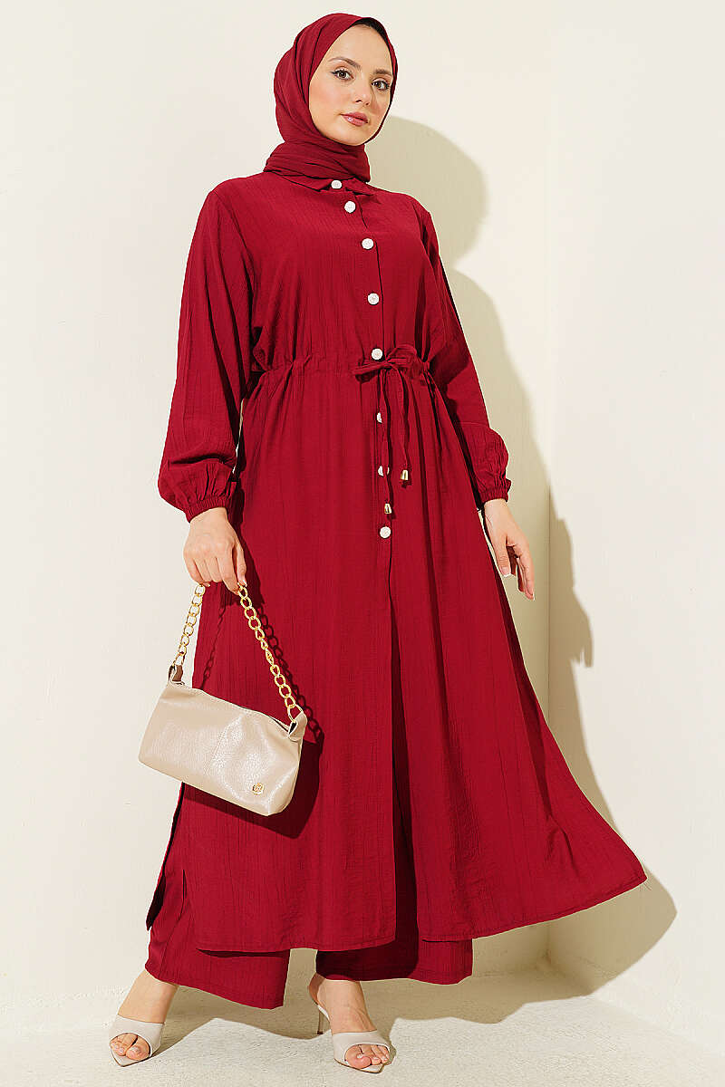 Long Button Tunic Set with Drawstring Waist - Burgundy