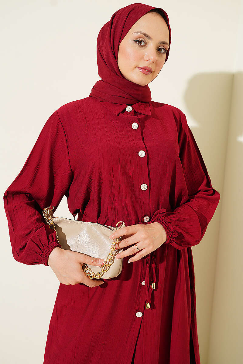 Long Button Tunic Set with Drawstring Waist - Burgundy