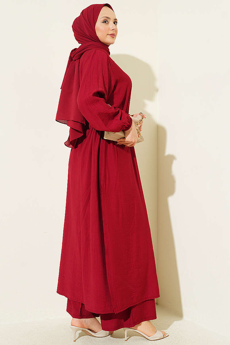 Long Button Tunic Set with Drawstring Waist - Burgundy