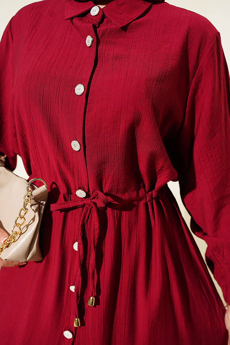 Long Button Tunic Set with Drawstring Waist - Burgundy