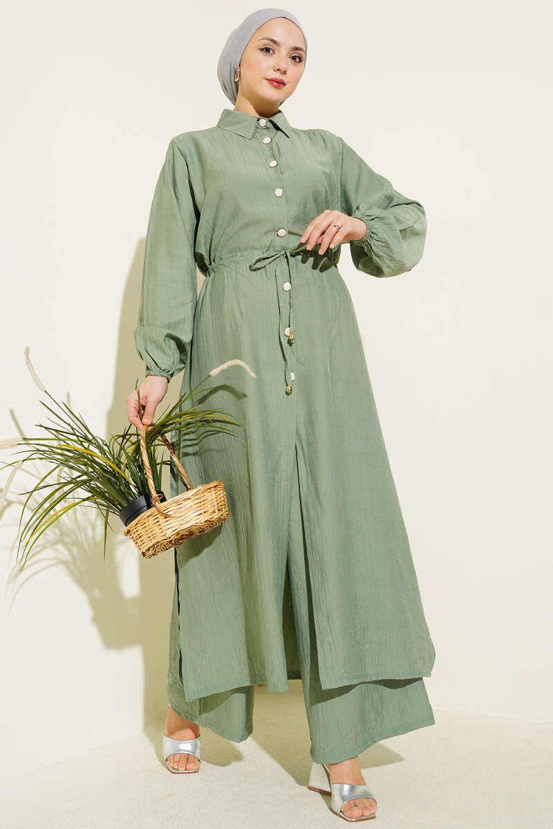 Long Button Tunic Set with Drawstring Waist - Almond Green