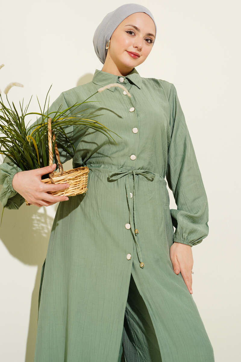 Long Button Tunic Set with Drawstring Waist - Almond Green
