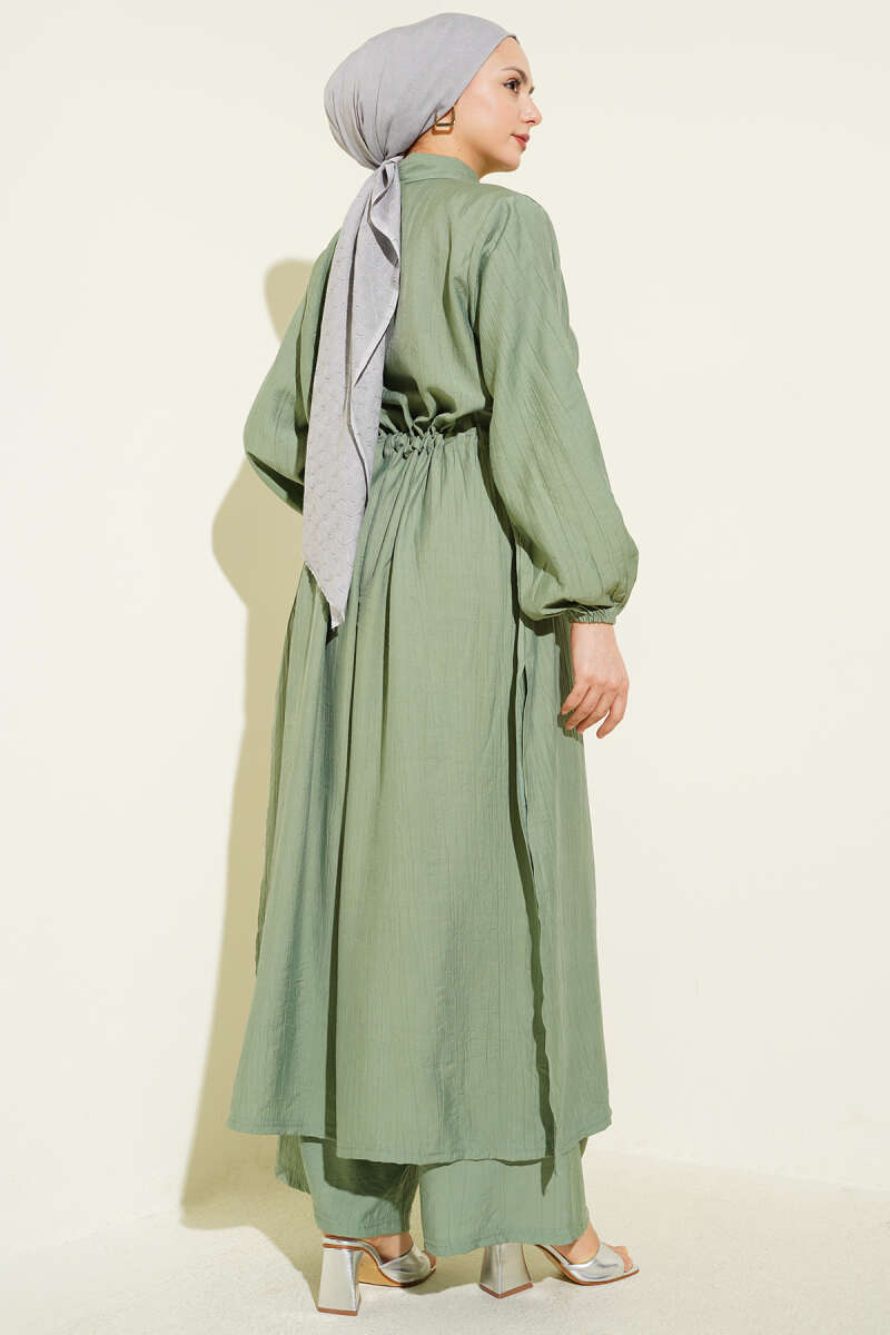 Long Button Tunic Set with Drawstring Waist - Almond Green