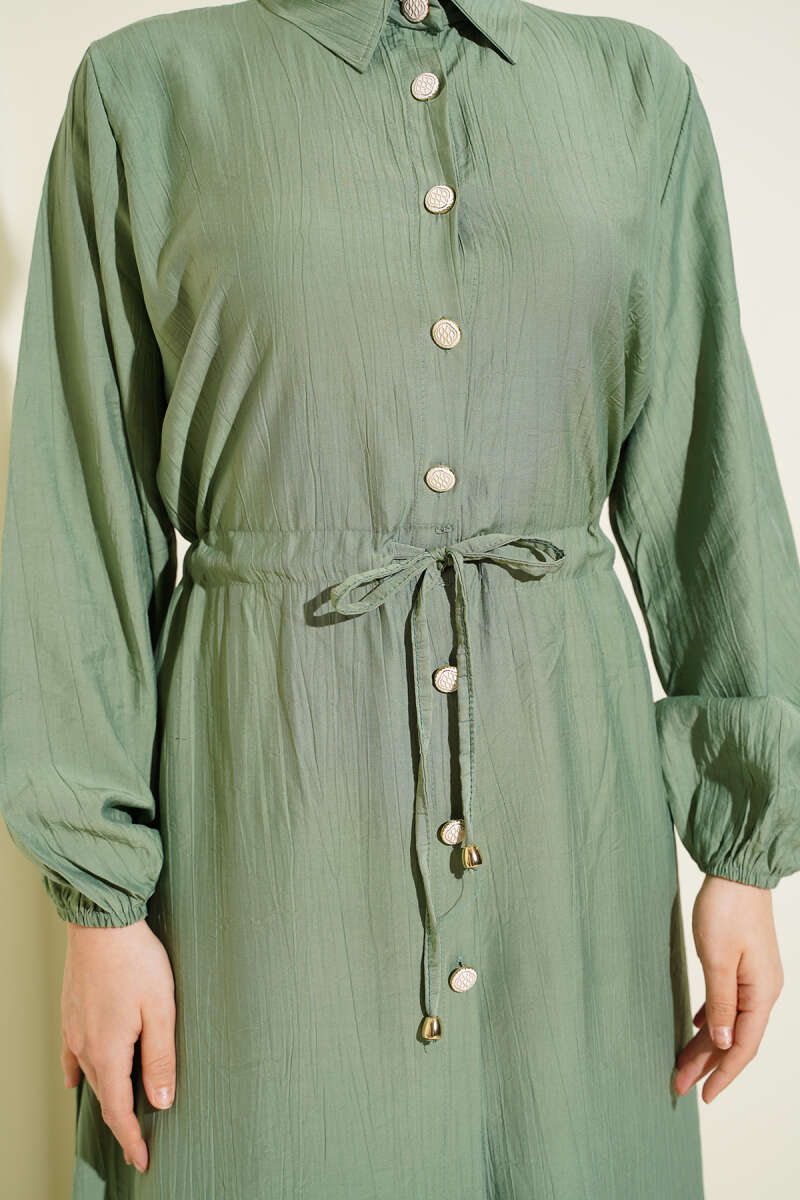 Long Button Tunic Set with Drawstring Waist - Almond Green