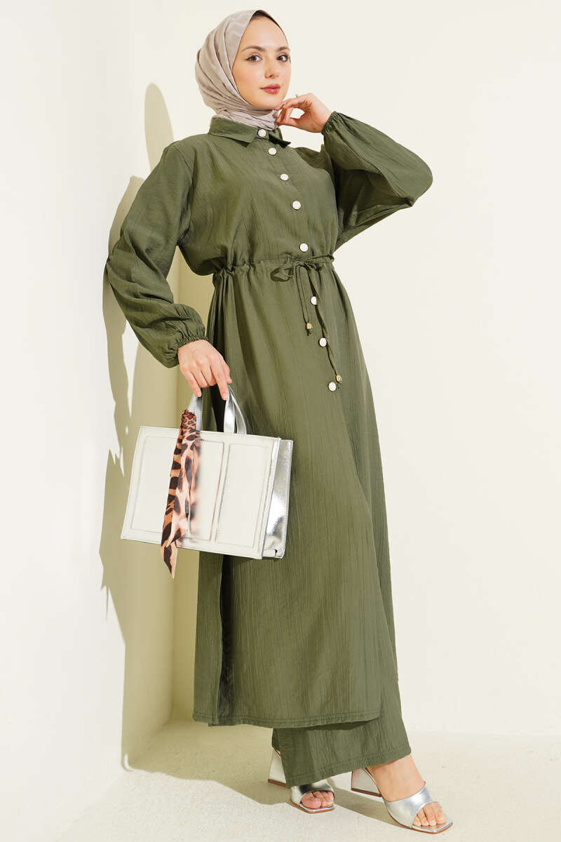 Long Button Tunic Set with Drawstring Waist - Khaki