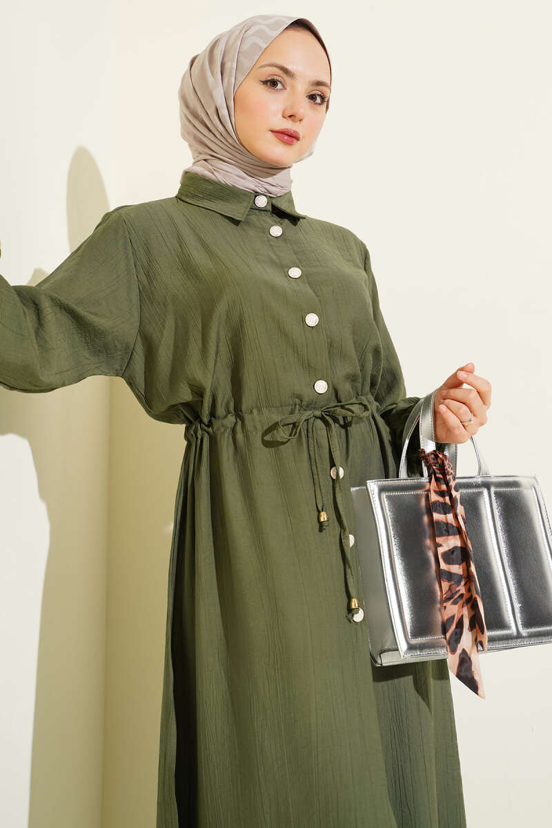 Long Button Tunic Set with Drawstring Waist - Khaki