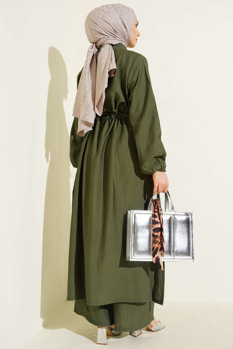 Long Button Tunic Set with Drawstring Waist - Khaki