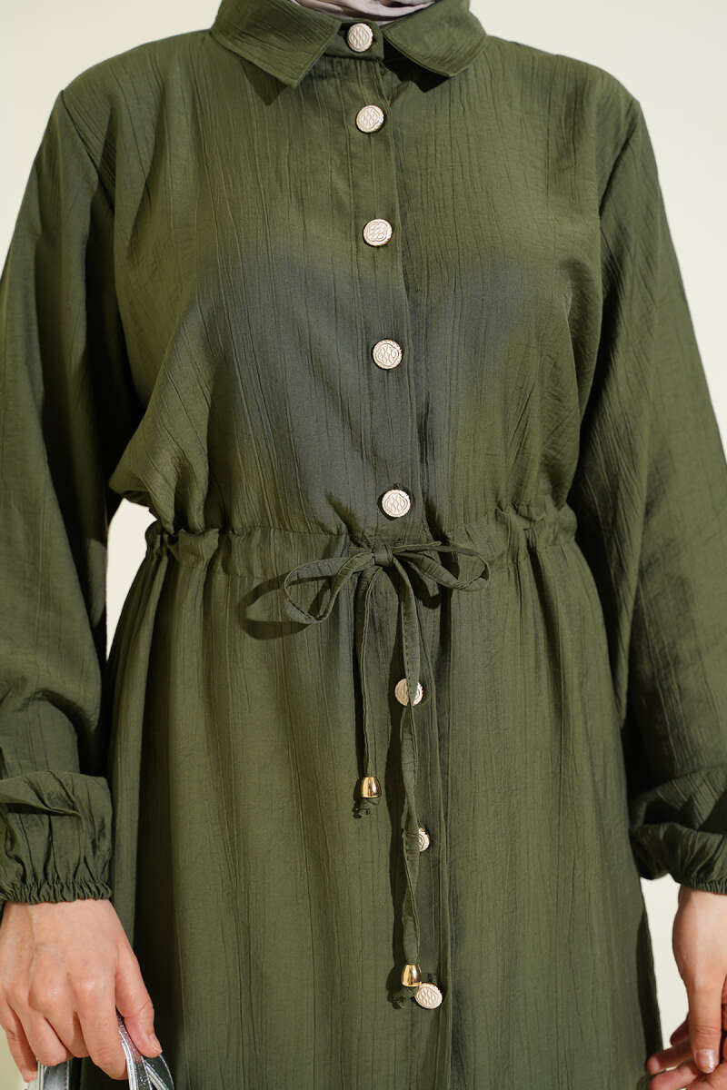 Long Button Tunic Set with Drawstring Waist - Khaki