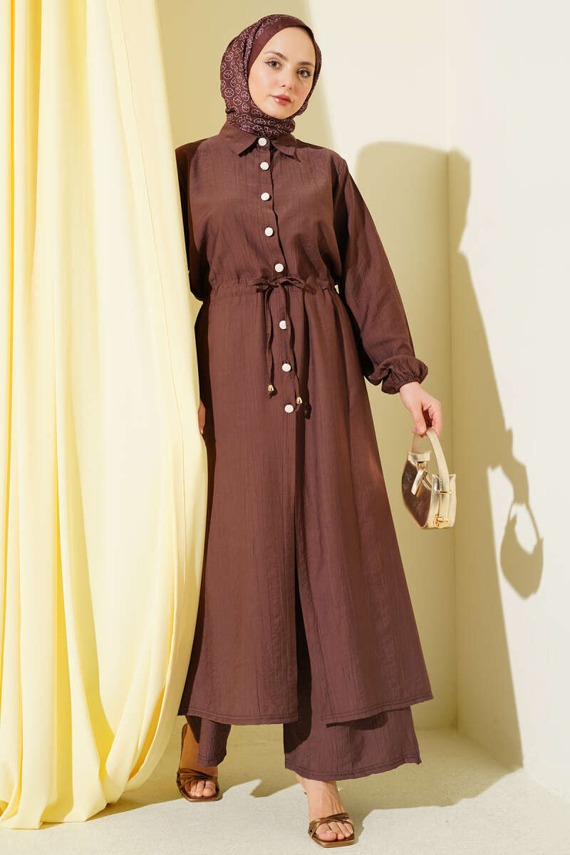 Long Button Tunic Set with Drawstring Waist - Brown