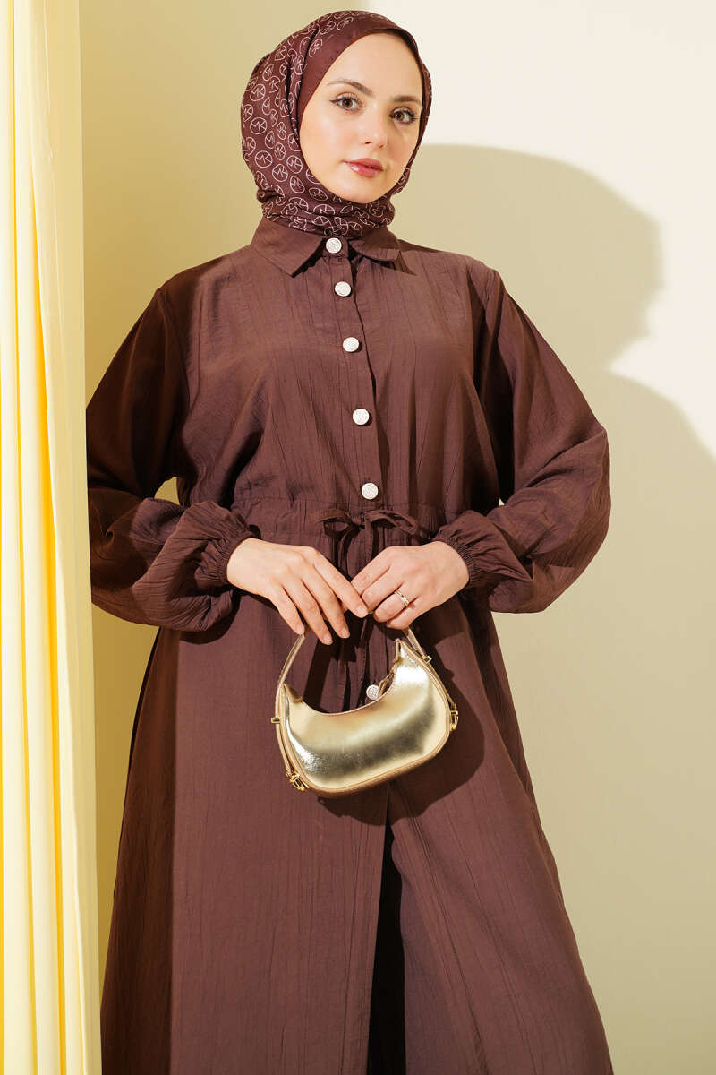 Long Button Tunic Set with Drawstring Waist - Brown