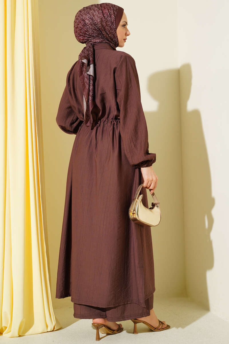 Long Button Tunic Set with Drawstring Waist - Brown