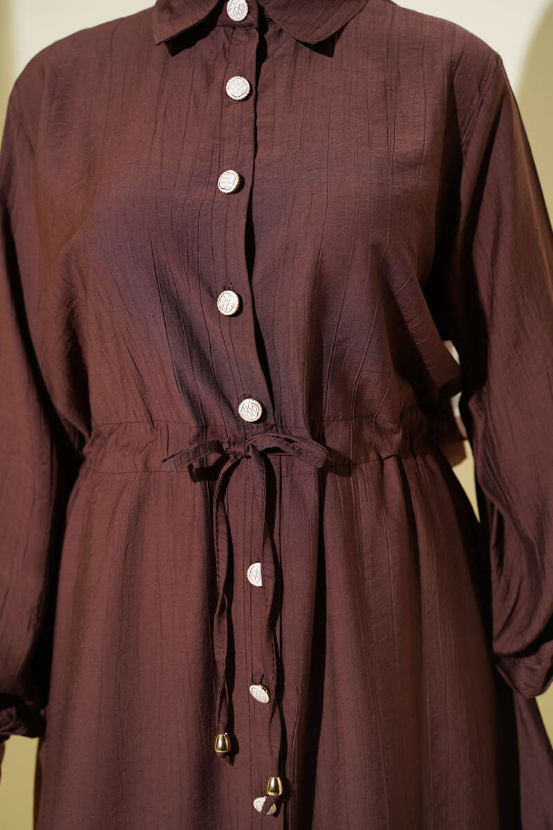 Long Button Tunic Set with Drawstring Waist - Brown