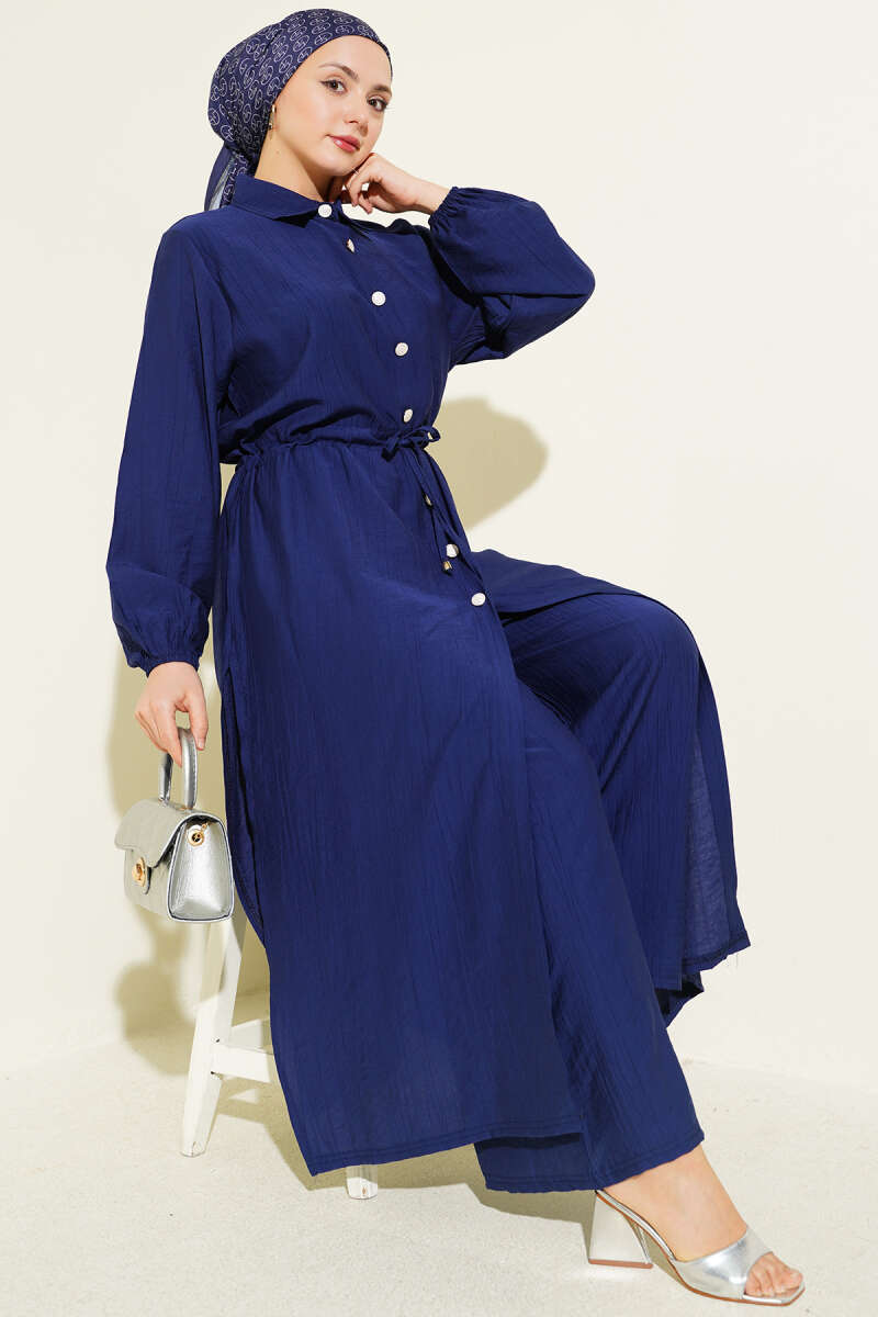 Long Button Tunic Set with Drawstring Waist - Navy