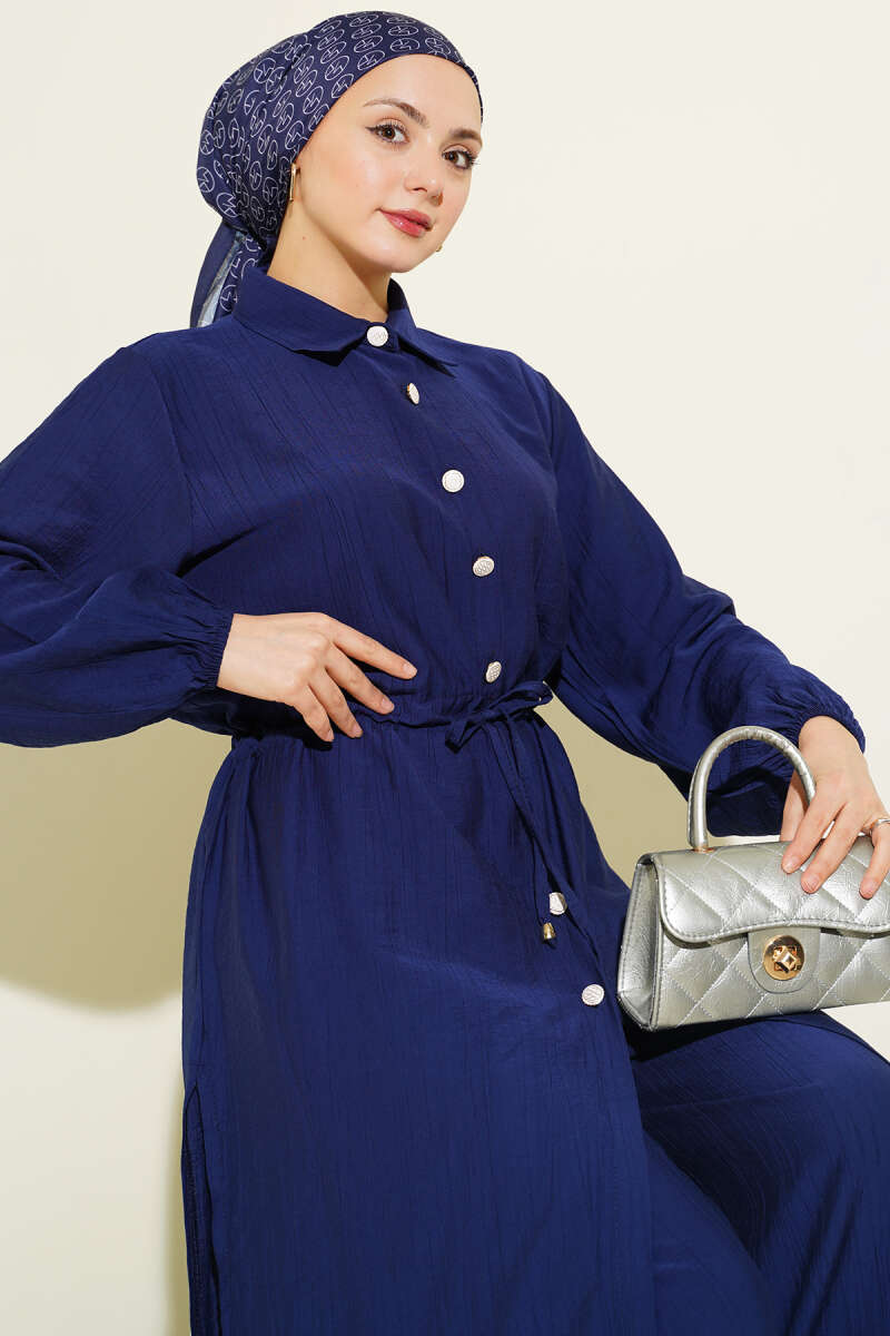 Long Button Tunic Set with Drawstring Waist - Navy