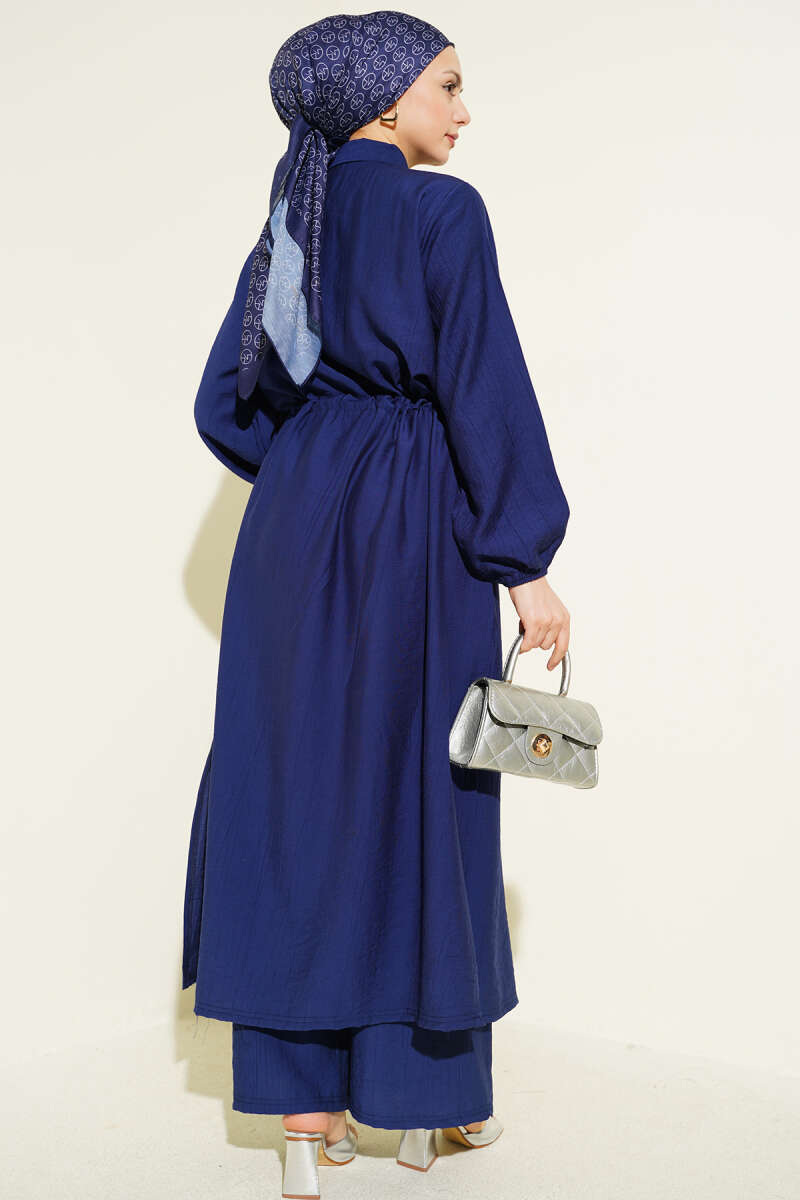 Long Button Tunic Set with Drawstring Waist - Navy