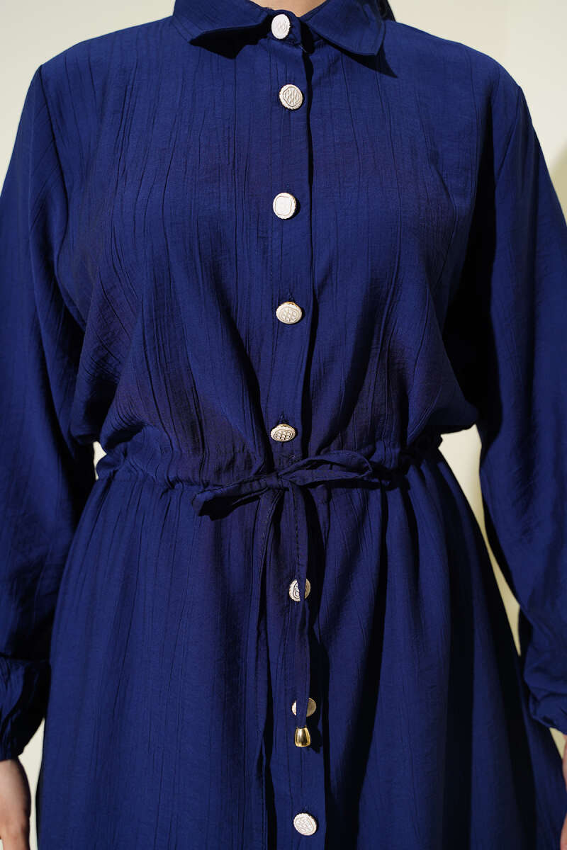 Long Button Tunic Set with Drawstring Waist - Navy
