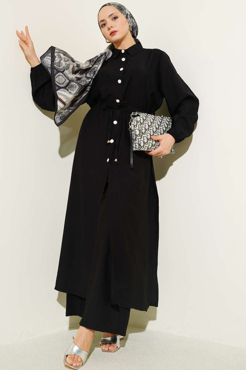 Long Button Tunic Set with Drawstring Waist - Black