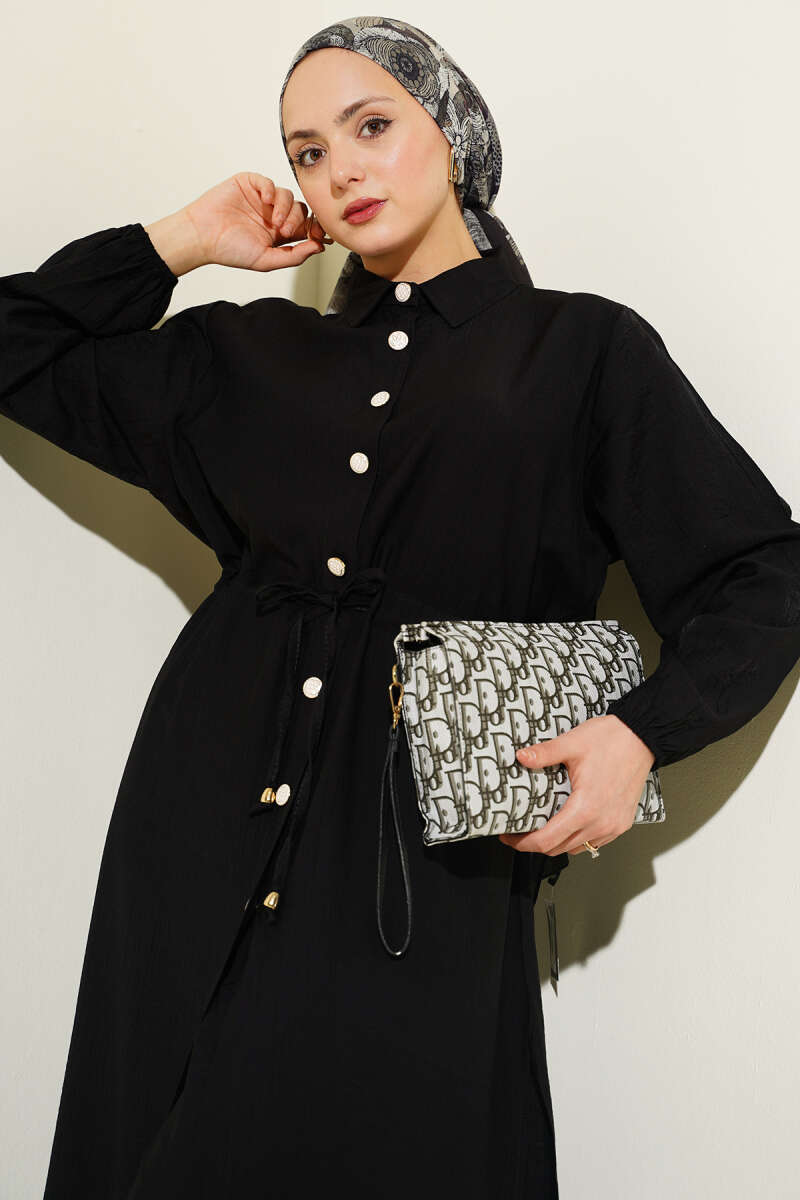 Long Button Tunic Set with Drawstring Waist - Black