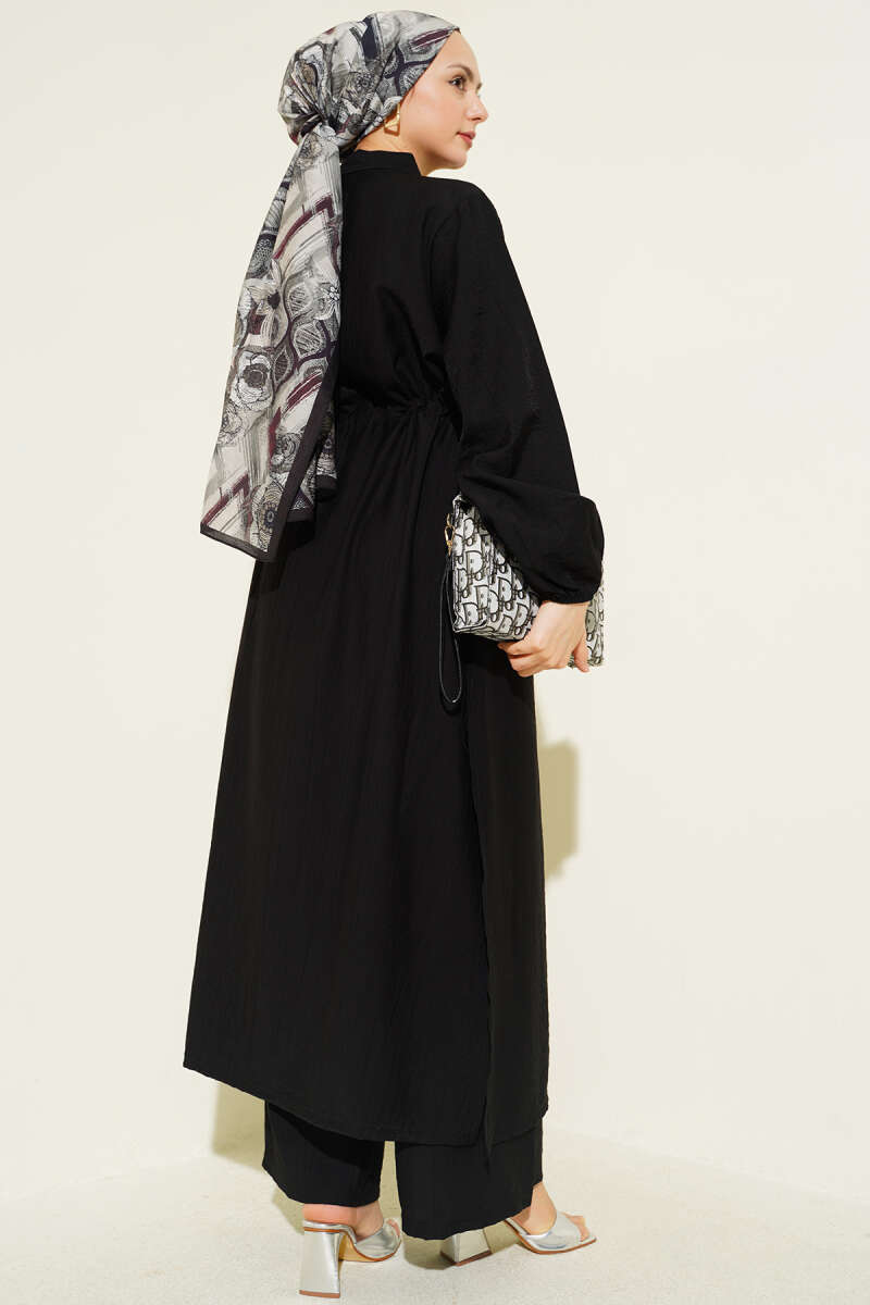 Long Button Tunic Set with Drawstring Waist - Black