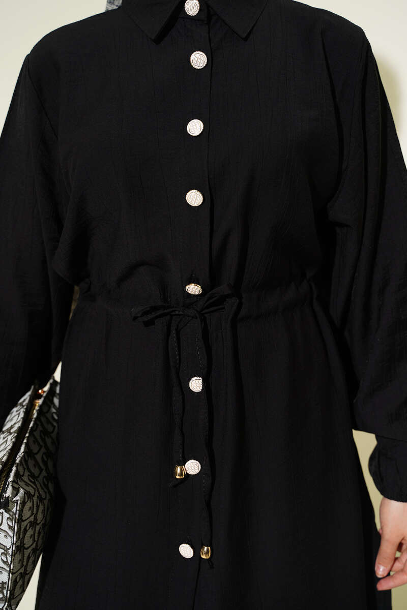 Long Button Tunic Set with Drawstring Waist - Black