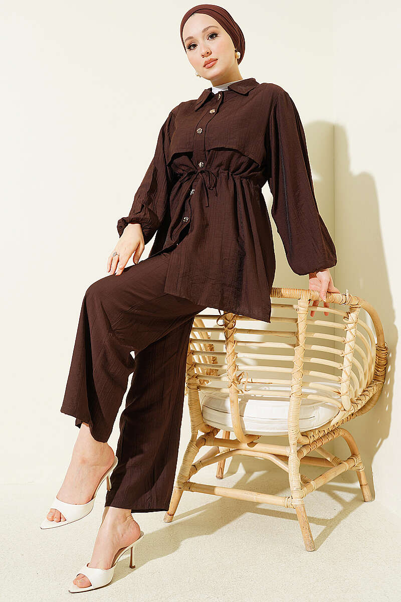 Shirt-Collar Two-Piece Set with Drawstring Waist - Brown