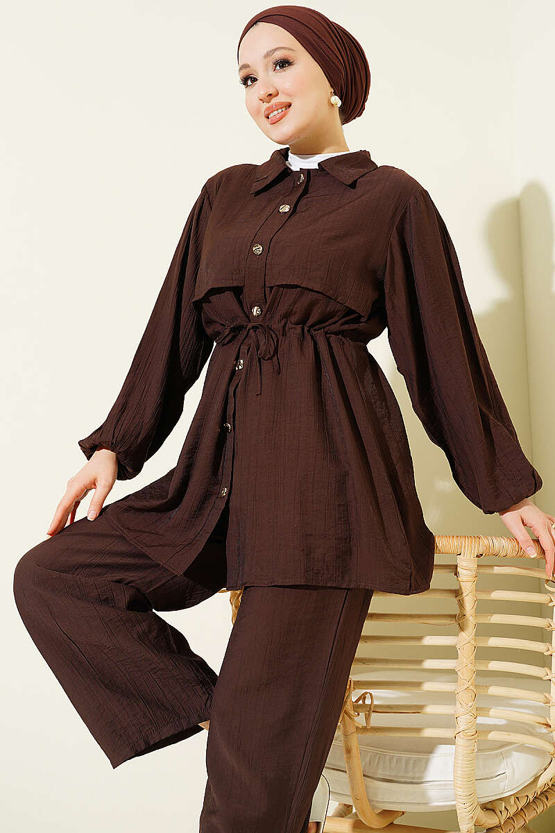 Shirt-Collar Two-Piece Set with Drawstring Waist - Brown