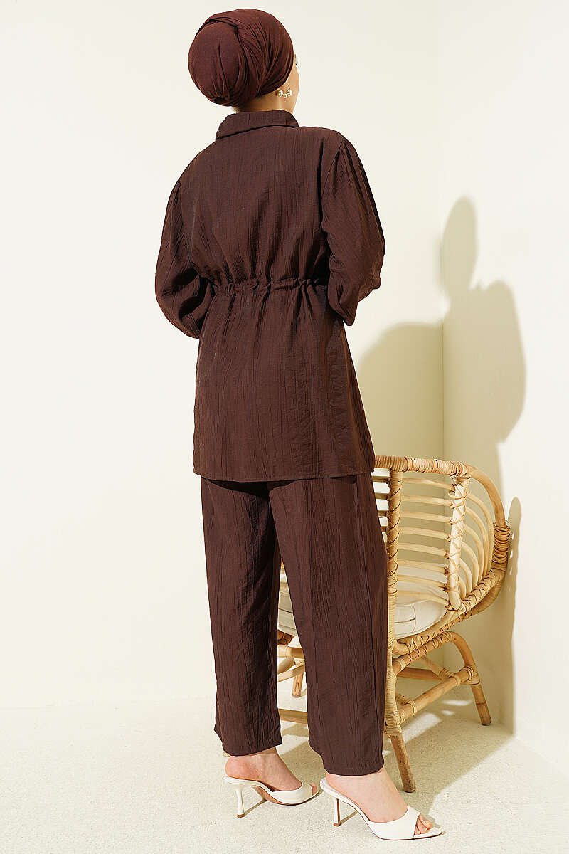 Shirt-Collar Two-Piece Set with Drawstring Waist - Brown