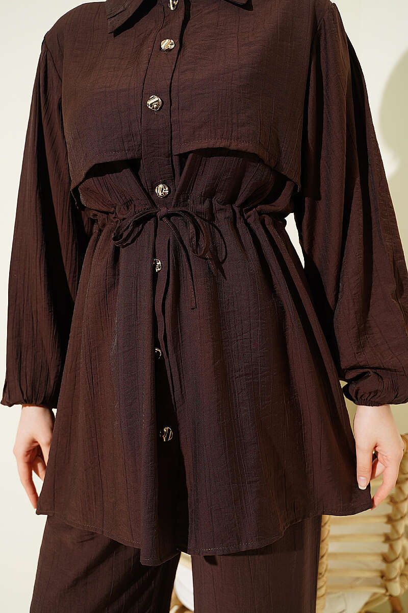 Shirt-Collar Two-Piece Set with Drawstring Waist - Brown