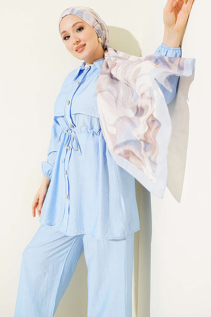 Shirt-Collar Two-Piece Set with Drawstring Waist - Blue