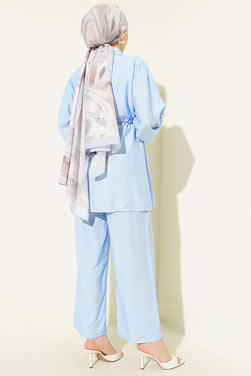 Shirt-Collar Two-Piece Set with Drawstring Waist - Blue