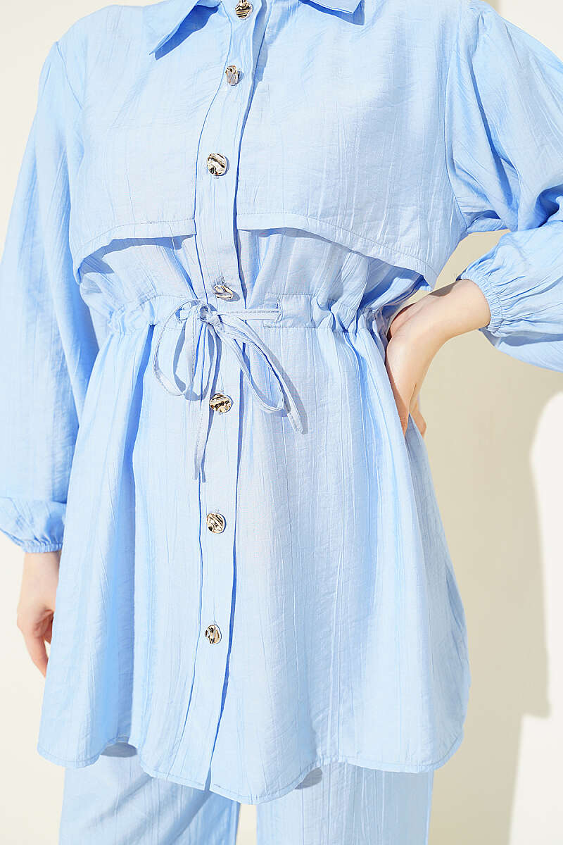 Shirt-Collar Two-Piece Set with Drawstring Waist - Blue