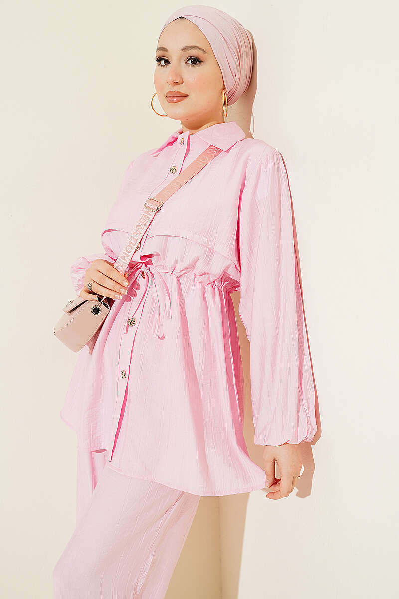 Shirt-Collar Two-Piece Set with Drawstring Waist - Pink