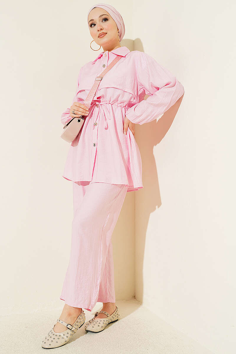 Shirt-Collar Two-Piece Set with Drawstring Waist - Pink