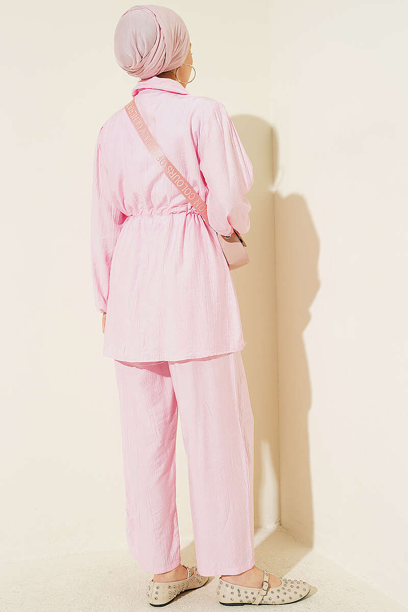 Shirt-Collar Two-Piece Set with Drawstring Waist - Pink