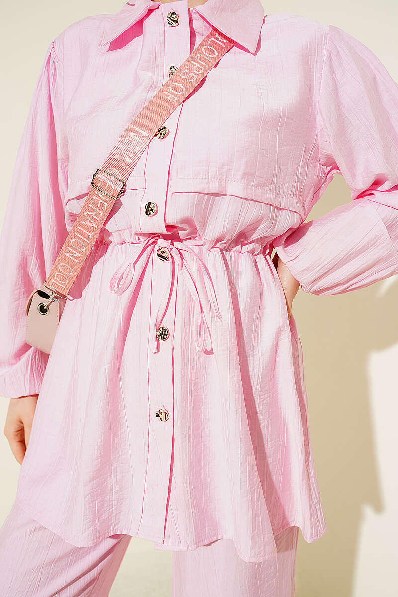 Shirt-Collar Two-Piece Set with Drawstring Waist - Pink